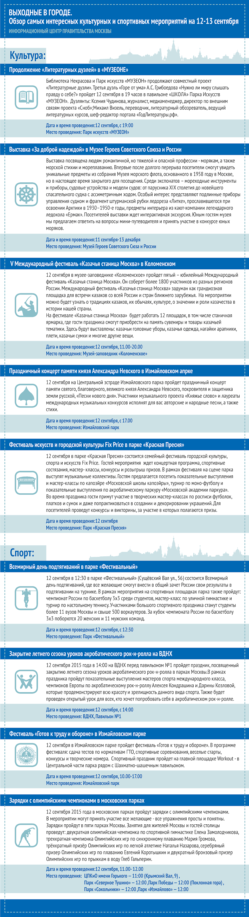 Обзор самых интересных культурных и спортивных мероприятий на 12-13 сентября