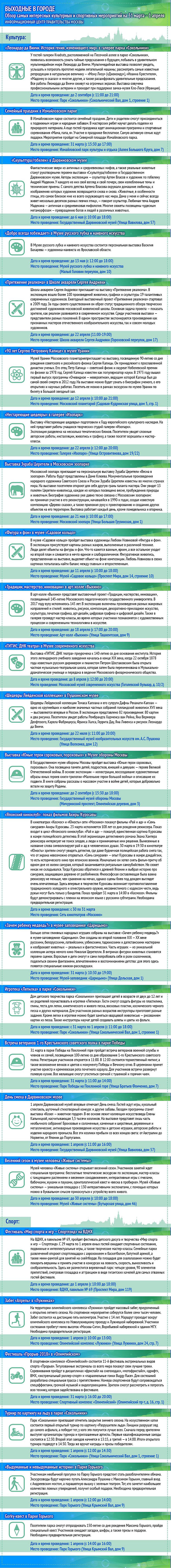 Обзор самых интересных культурных и спортивных мероприятий c 31 марта по 1  апреля
