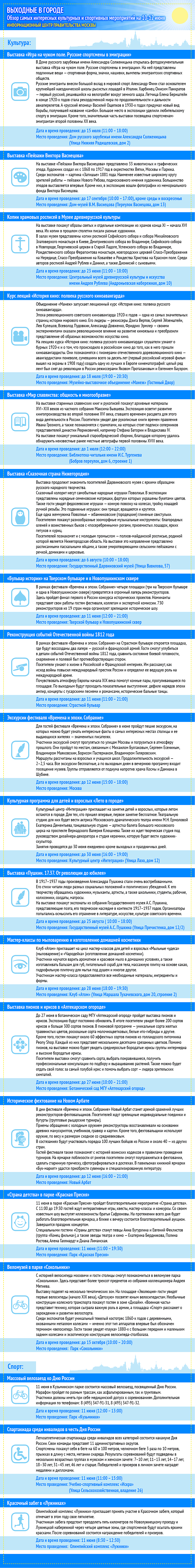 Обзор самых интересных культурных и спортивных мероприятий на 10 - 12 июня