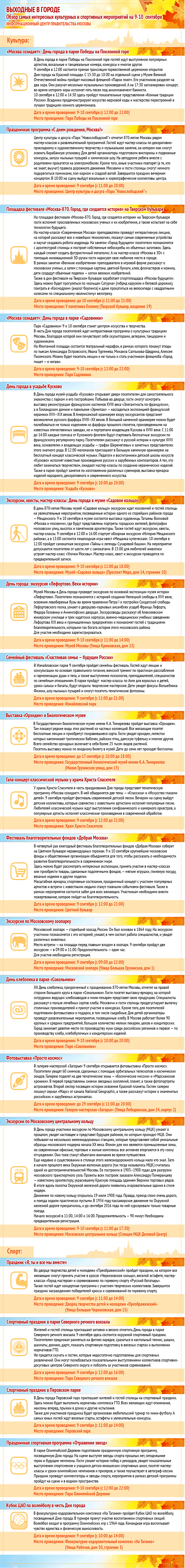 Обзор самых интересных культурных и спортивных мероприятий на 9 -10 сентября