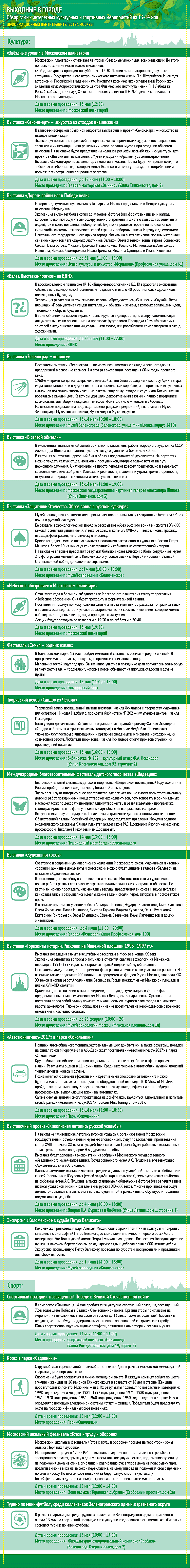 Обзор самых интересных культурных и спортивных мероприятий на 13 - 14 мая