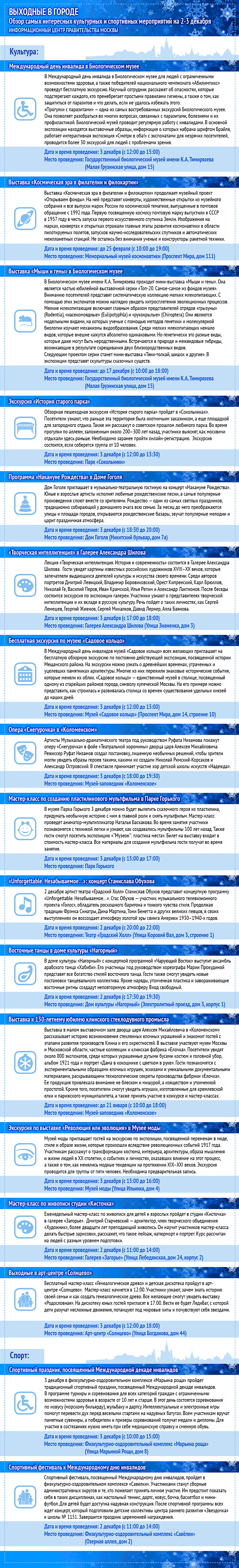 Обзор самых интересных культурных и спортивных мероприятий на 2 - 3 декабря