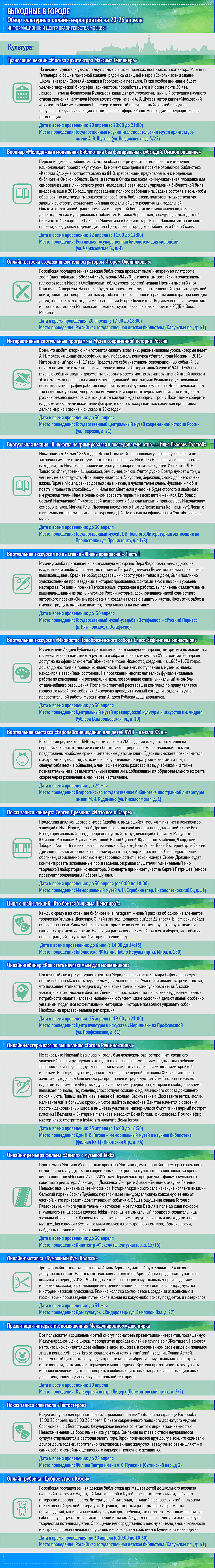 Обзор интересных культурных онлайн-мероприятий на 20 - 26 апреля