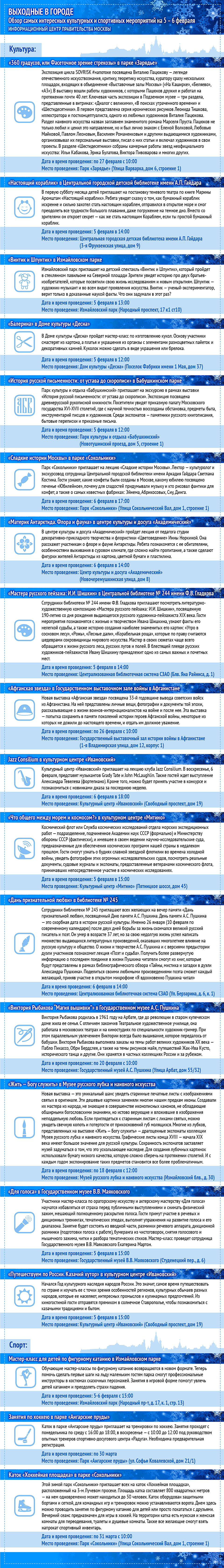 Обзор самых интересных культурных и спортивных мероприятий на 5 – 6 февраля