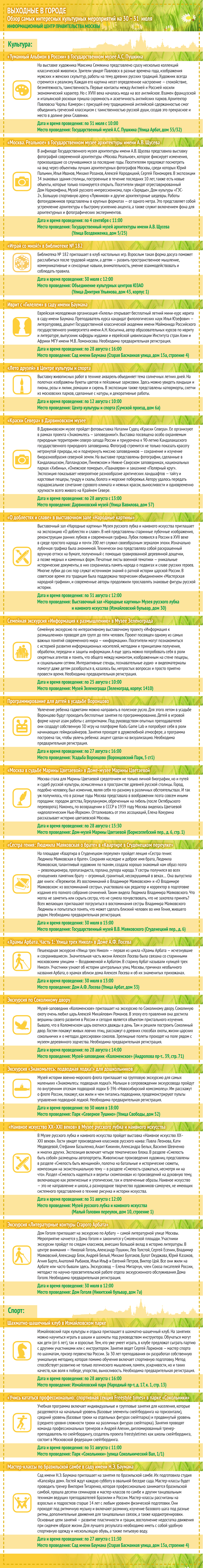 Обзор самых интересных культурных и спортивных мероприятий на 30 – 31 июля